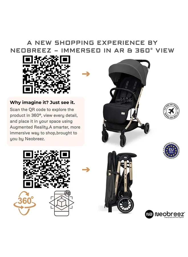 نيوبريز Neobreez LITEX Lightweight Cabin Size Travel Baby Toddler Stroller|Trolley Handle Pushchair,Waterproof UPF 50+Canopy,Gold Frame,0-3yrs,15kg,3yrs Warranty-Grey Black